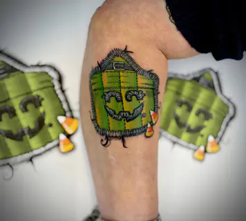 This Is Fine cartoon dog tattoo by Dave