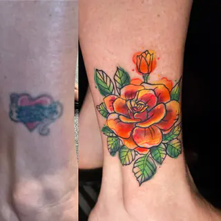 Black-and-grey lily tattoo shown beside the original cover-up