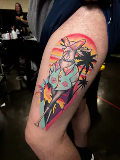 Mountain landscape tattoo on a calf